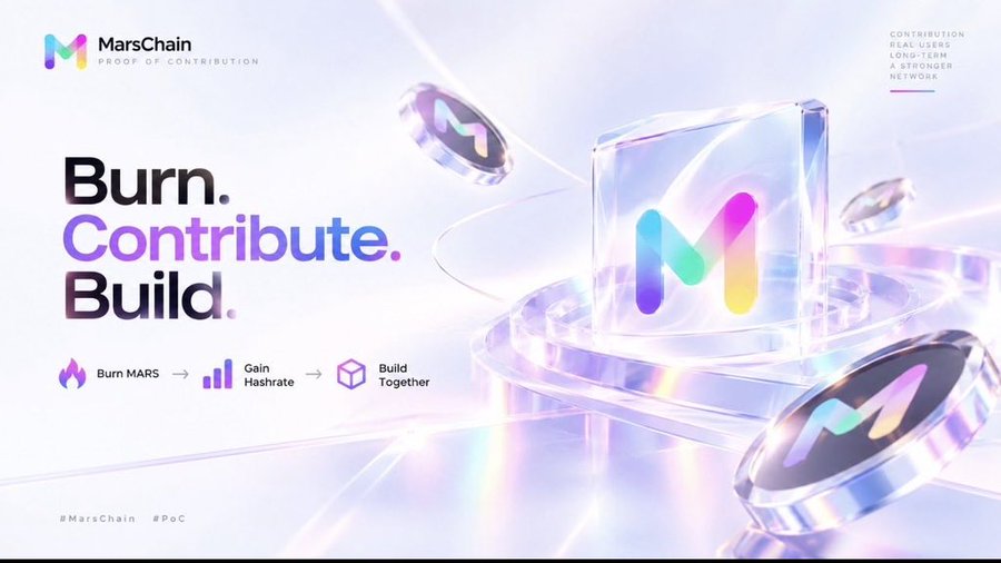 A promotional banner for MarsChain featuring the text 'Burn. Contribute. Build.' with a process flow showing 'Burn MARS → Gain Hashrate → Build Together' alongside iridescent 3D crystals displaying the brand's logo.