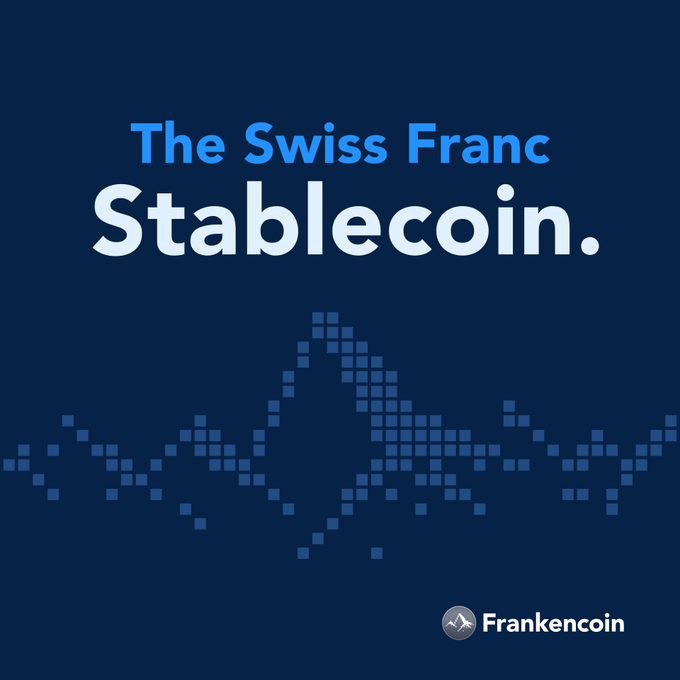 A promotional graphic for 'Frankencoin' describing it as 'The Swiss Franc Stablecoin' with a pixelated mountain design on a dark blue background.