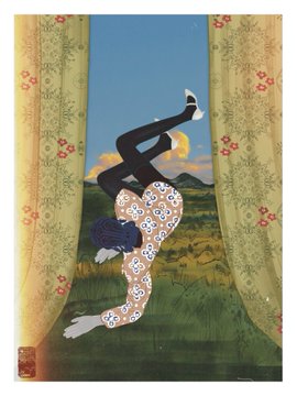 An artistic illustration of a person in a patterned shirt and black pants falling or floating upside down between parted yellow curtains, with a landscape visible in the background.