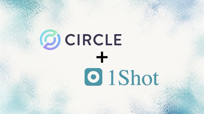 A promotional graphic announcing a partnership between Circle and 1Shot, displayed with their logos on a soft blue and white background.