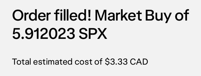 A Robinhood order confirmation screenshot stating 'Order filled! Market Buy of 5.912023 SPX' for a total estimated cost of $3.33 CAD.