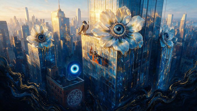 A surreal digital artwork depicting a cityscape where giant white flowers with eye-like centers bloom from glass skyscrapers, with a small bird perched on one of the buildings.