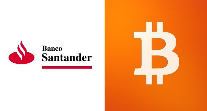 The image is split down the middle, showing the red Banco Santander logo and wordmark on a white background on the left, paired with the orange Bitcoin "₿" symbol on the right, visually representing the bank's notable entry into the Bitcoin market through its disclosed spot ETF position.