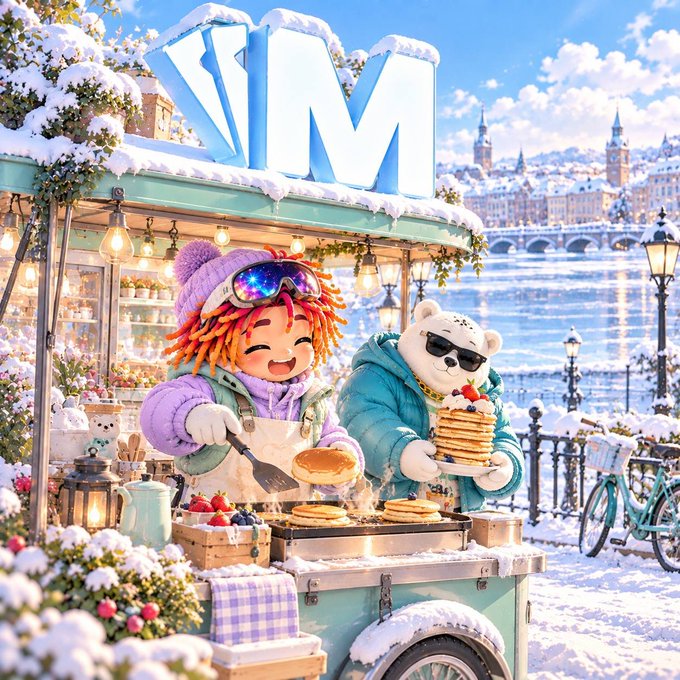 An AI-generated illustration of a cute doll-like character and a bear in sunglasses working at a winter pancake stand, with a snowy cityscape in the background and large 'VM' letters on top.