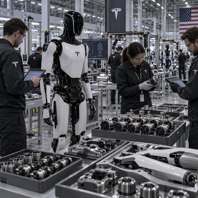 A Tesla humanoid robot (Optimus) standing in a factory assembly area while workers in Tesla uniforms inspect components and tablets, with Tesla branding and an American flag visible in the background.