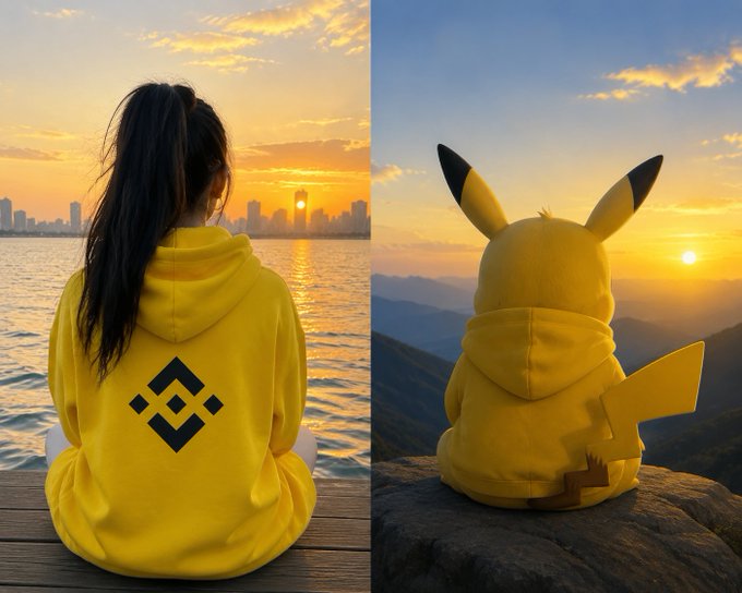 A split image showing a woman and a person in a Pikachu hoodie, both wearing yellow and sitting while watching a sunset over water and mountains respectively.