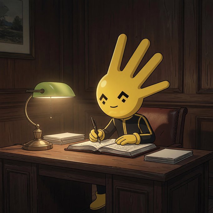 A yellow hand-shaped character in a black and gold jacket quietly writes in a journal at a wooden desk lit by a green-shaded lamp, embodying the post's theme of understated, silent progress amid louder competitors.