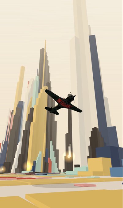 An illustration of a fighter plane flying through a stylized, geometric city skyline in muted colors.