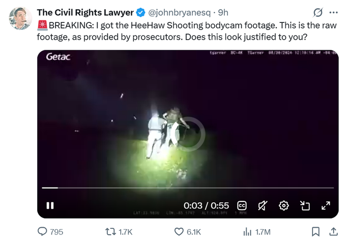 The image is a tweet from "The Civil Rights Lawyer" (@johnbryanesq) claiming to share raw bodycam footage from the "HeeHaw Shooting," with a nighttime video still showing two figures illuminated in a dark outdoor scene.

The connection to the post is satirical: the user references a "$HeeHaw token" (a cryptocurrency), and the "HeeHaw Shooting" appears to be a meme playing on that token name, with the tweet using dramatic "breaking news" framing to highlight the absurd promotion of the token.