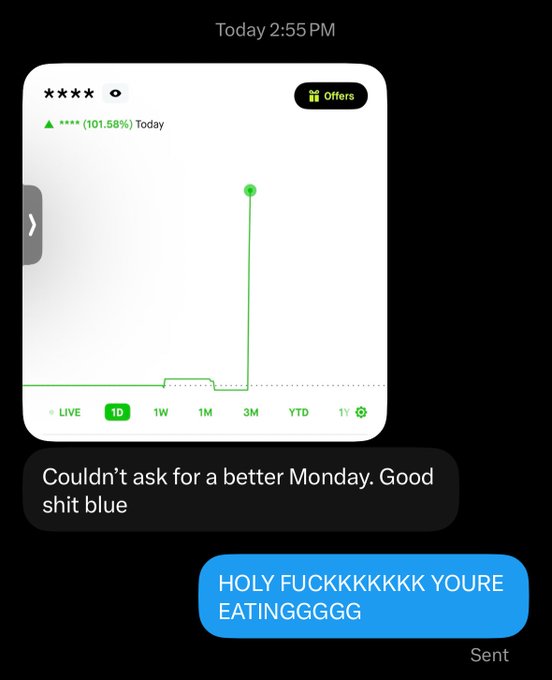 A screenshot of a text message exchange celebrating a stock up 101.58%, with messages reading 'Couldn't ask for a better Monday. Good shit blue' and 'HOLY FUCKKKKKK YOURE EATINGGGGG'.
