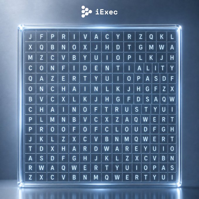 A promotional image for 'iExec' featuring a glowing grid of letters with words like 'PRIVACY', 'CONFIDENTIALITY', 'BLOCKCHAIN', 'PROOF OF CLOUD', and 'HARDWARE' embedded within it.