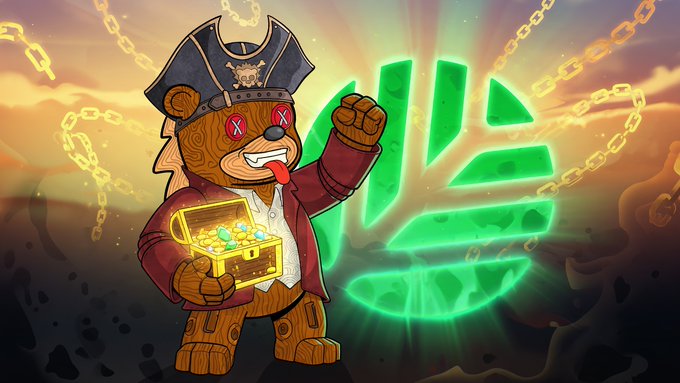 An illustration of a pirate teddy bear character with glowing green eyes, holding a treasure chest, set against a backdrop of golden chains and a green logo with the text 'VIZO'.