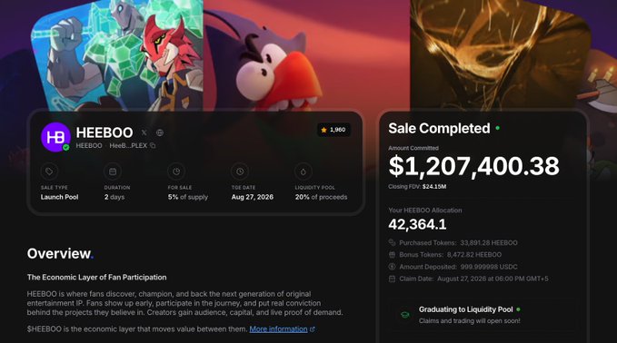 The image displays a completed token sale for "$HEEBOO" on what appears to be a Metaplex-powered platform, showing $1,207,400.38 raised (closing FDV of $241.5M) with the user receiving an allocation of 42,364.1 tokens from 33,891.28 purchased. The post references issues with Metaplex cutting the purchased tokens, which directly relates to the "Launch Pool" sale type and token distribution details shown in the dashboard.