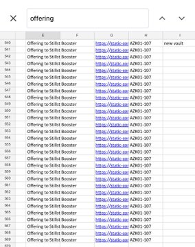 A Google Sheets list showing rows of "Offering to Stillwater Booster" entries linked to AZ203-107, with one row in column I marked "new vault," visually representing the 15 newly added offerings bringing the total to 295.