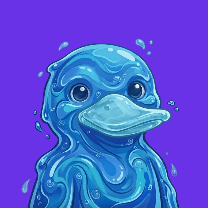 A stylized digital illustration of a blue, water-like duck with swirled patterns, set against a vibrant purple background.