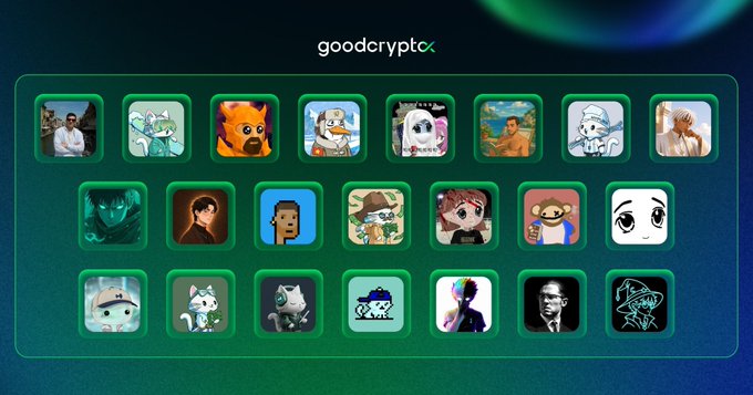 A flex-style graphic under the "goodcrypto" logo, displaying a 3-row grid of 23 spotlight/featured profile avatars that visually represents the post's claim of being featured 2x as a top influencer on Hyperliquid Hub. The pastiche of cartoon, anime and celebrity faces pairs with the accompanying caption celebrating "$HYPE" accolades and posting milestones.