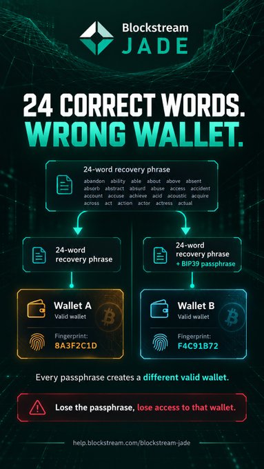 Blockstream's "JADE" infographic illustrates that a 24-word recovery phrase can generate two distinct valid wallets (Wallet A and Wallet B) depending on whether a BIP39 passphrase is applied, emphasizing that forgetting this passphrase permanently locks users out of their bitcoin despite having the correct seed words.