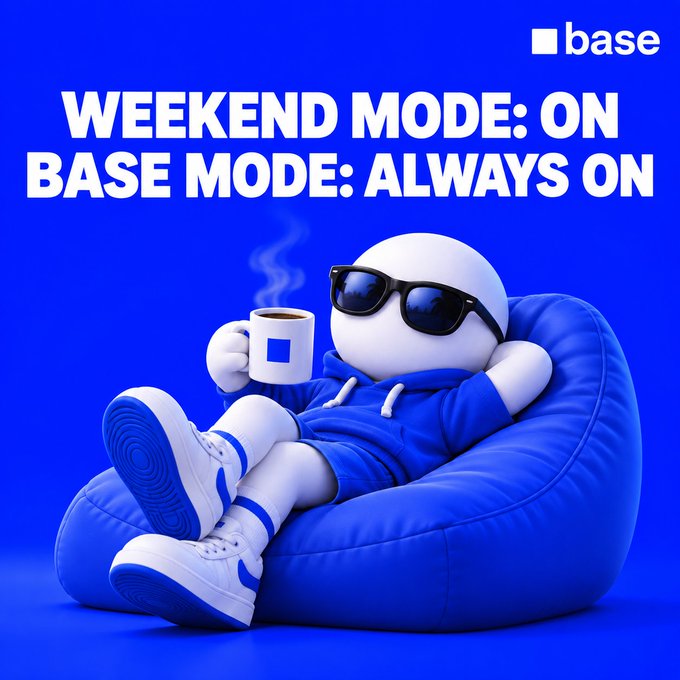 A blue-themed promotional graphic for 'base' shows a 3D cartoon character wearing sunglasses and holding a steaming mug while lounging on a beanbag, with text 'WEEKEND MODE: ON, BASE MODE: ALWAYS ON'.