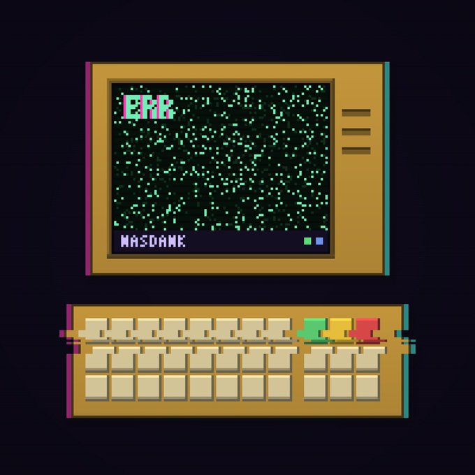 A retro pixel-art illustration shows a vintage beige computer monitor displaying green starfield static with the text "ERR" in the corner and "MAXDAME" below, paired with a matching keyboard featuring green and red keys. The glitchy "ERR" display and fragmented, distorted keyboard visualizes the post's warning about a failed or corrupted trading setup, reinforcing the cautionary tone about dropping the "EVM" (entry/move) trade quickly.