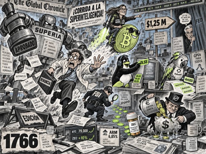 A colorful, busy editorial illustration labeled 'The Global Chronicle' with Spanish text, depicting chaotic scenes involving cryptocurrency themes, FBI agents, gavel stamps marked 'APROBADO', Bitcoin symbols, and various characters, numbered 1766.
