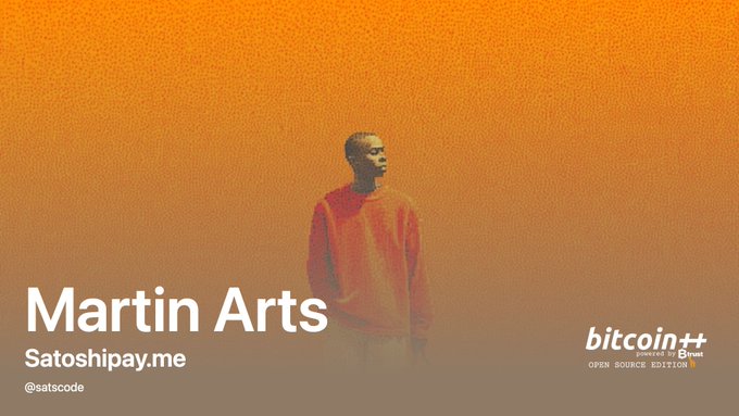 The image features a man wearing an orange shirt standing against a gradient background of orange and yellow colors, with the text "Martin Arts" written above him. The image also includes a link to a website called "Satoshipay.me", which is related to Martin's artistry.