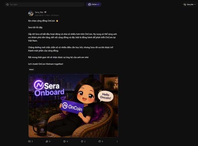 A Vietnamese-language post from Sera_Nio on OnCoin dated 2026-09-03 announcing her role as an ambassador for the OnCoin community in Vietnam, featuring an illustrated image of her holding a "Hello Oncoin!" sign.