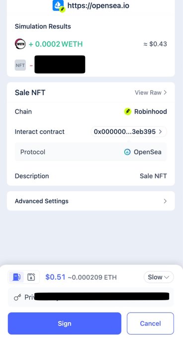 A mobile view of opensea.io showing a transaction simulation for a Sale NFT on the Robinhood chain via the OpenSea protocol, with the WETH simulation showing +0.0002 WETH (~$0.43).