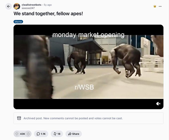 The image shows a Reddit post from r/wallstreetbets titled "We stand together, fellow apes!" featuring a meme of gorilla-looking creatures charging forward, labeled "monday market opening" and tagged with "r/WSB," visually reinforcing the post's theme of retail investors uniting in solidarity against market forces.