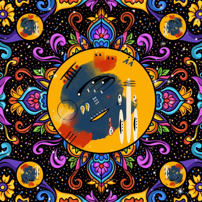 A vibrant, psychedelic mandala-style artwork featuring a central yellow circular face with abstract features, surrounded by ornate floral patterns and smaller similar faces in the corners.