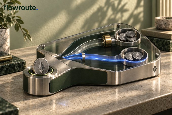 A 3D render of a sleek, futuristic metallic device branded 'flowroute' with Ethereum logo elements and glass casing, displayed on a countertop in a styled interior setting.