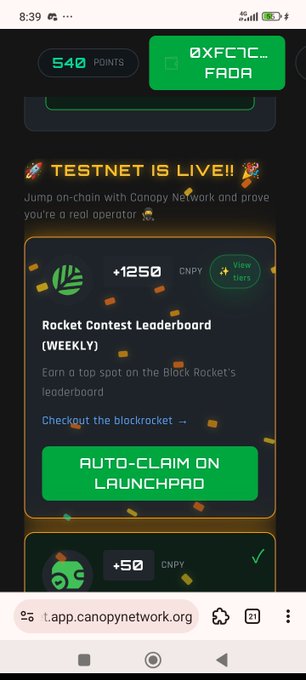 A mobile screenshot from app.canopynetwork.org showing a 'TESTNET IS LIVE!!' announcement and a Rocket Contest Leaderboard with rewards in CNPY tokens.