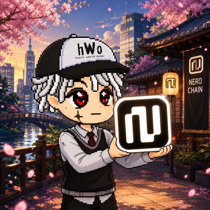 A chibi-style mascot with white hair and a cap labeled "hWo - hypio world order" holds up the NERO CHAIN logo against a backdrop of cherry blossoms, a Tokyo cityscape, and a traditional temple with a "NERO CHAIN" banner, visually tying the post's recap of Nero Chain's July activities—including their Platinum Sponsorship at WebX Tokyo—to the brand.