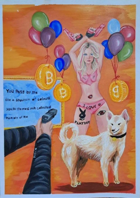 A painted artwork showing a blonde woman in pink lingerie with 'I LOVE U' and 'PLAYBOY' written on her, holding beer cans, with balloons, Bitcoin coins, a white dog, and a police officer pointing a gun at her.