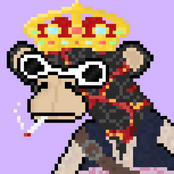 A pixel art illustration of a sad-looking monkey wearing glasses, a crown, and a royal cape, smoking a cigarette against a purple background.