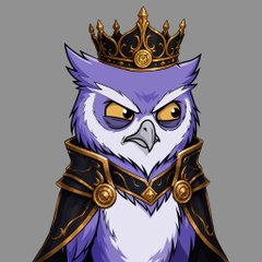 A digital illustration of a purple and white owl character wearing a golden crown and dark armor.