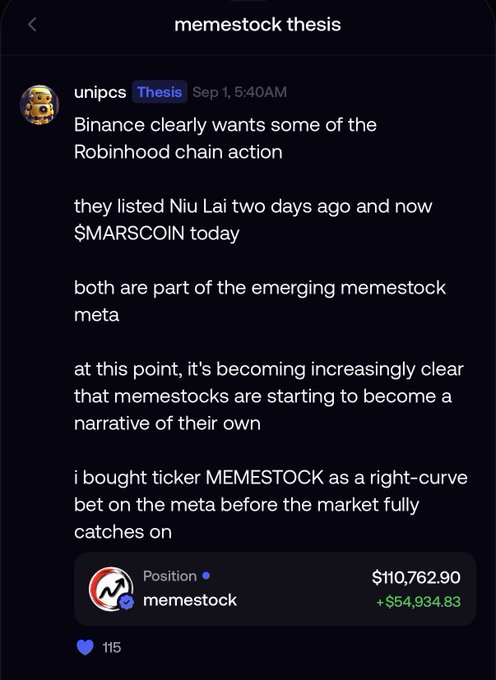 Discord post from 'unipcs' (Thesis, Sep 1) titled 'memestock thesis' discussing how Binance is pursuing the Robinhood chain action by listing Niu Lai and $MARSCOIN as part of an emerging memestock meta, showing a $110,762.90 position in memestock with +$54,934.83 gain.