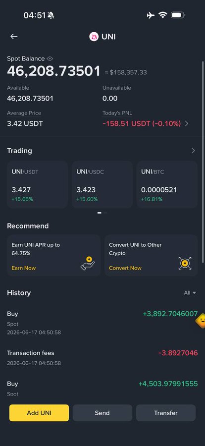 The image has a close up view of a smartphone screen with a trade summary that includes the trades, the exchanges of currency between them, the status of some transactions, and other details like a trading pair or crypto pairs. The text of the image is also important in understanding what is happening.