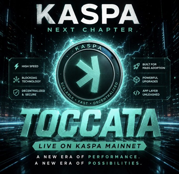 A promotional graphic for the Kaspa "Toccata" upgrade, highlighting features like High Speed, BlockDAG Technology, Decentralized & Secure, Built for Mass Adoption, Powerful Upgrades, and App Layer Unleashed, with the tagline "Live on Kaspa Mainnet - A New Era of Performance. A New Era of Possibilities."

The image showcases the Kaspa Toccata mainnet upgrade launch, visually supporting the post's challenge asking crypto users to explain what Toccata actually changes and why it matters—rather than just jumping on the celebration trend.