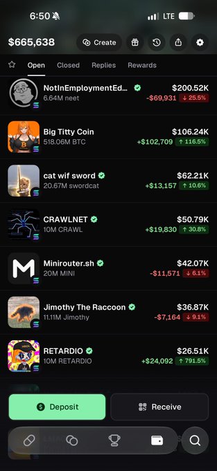 A crypto portfolio screenshot showing $665,638 in total holdings across eight different tokens, including NotInEmploymentEd (NEET), Big Titty Coin, catwif sword, CRAWLNET, Minirouter.sh, Jimothy The Raccoon, and RETARDIO, with notable positions like $200.52K in NEET and $106.24K in Big Titty Coin. The post's emphasis on conviction-driven holdings and reluctance to stay liquid ("i hate being liquid") is reflected in the diverse, altcoin-heavy portfolio with concentrated positions in lesser-known memecoins rather than mainstream assets.