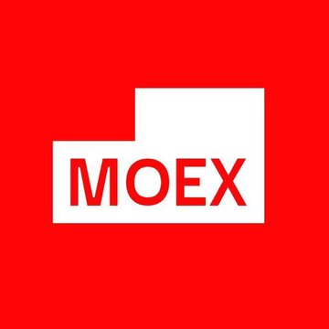 The image displays the MOEX (Moscow Exchange) logo, featuring white block lettering with "MOEX" in red on a bright red background, directly representing Russia's largest stock exchange as it officially launches crypto perpetual futures tracking BTC, ETH, XRP, SOL, and TRX.
