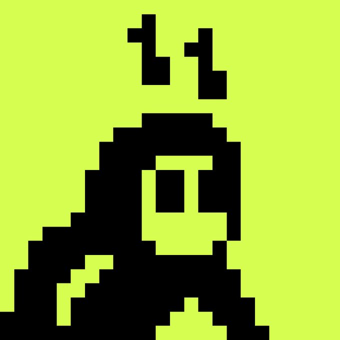 Pixel art minimalist portrait of a hooded figure rendered in black on a bright chartreuse/yellow-green background.