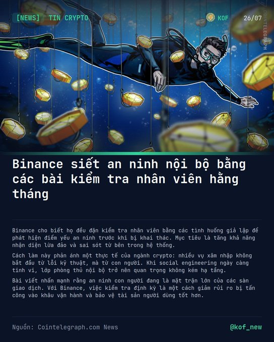 A Vietnamese news graphic titled 'TIN CRYPTO' featuring an underwater illustration of a diver, with the headline 'Binance siết an ninh nội bộ bằng các bài kiểm tra nhân viên hàng tháng' discussing Binance tightening internal security with monthly employee tests.
