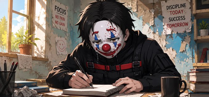 An illustrated character wearing a creepy clown mask sits at a desk writing in a notebook, surrounded by motivational posters reading 'FOCUS NO PAIN NO GAIN' and 'DISCIPLINE TODAY SUCCESS TOMORROW'.