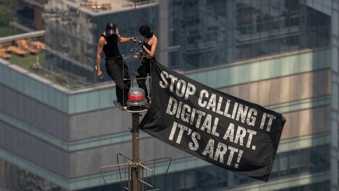 Two performers perch on a high-rise rooftop beside a black banner reading "STOP CALLING IT DIGITAL ART. IT'S ART!" — a bold declaration that echoes the post's message about treating digital art as the future of art itself, not a separate subcategory.