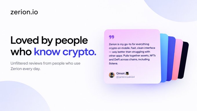 A promotional graphic for zerion.io with the text 'Loved by people who know crypto,' featuring a review from user 'Qiroot' (@jarWomo4444) praising the interface for crypto, NFTs, and DeFi across chains like Solana.