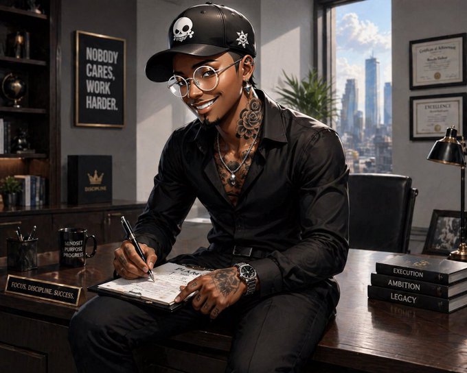 An AI-generated image of a smiling man with tattoos and glasses sitting at a desk, with a framed poster reading 'NOBOOY CARES, WORK HARDER' and books titled Execution, Ambition, and Legacy.