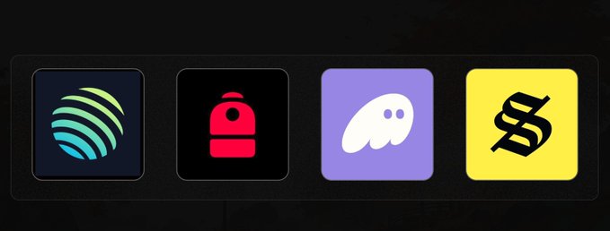 Four colorful app icon tiles sit side-by-side on a black background: a striped green sphere (Solflare), a red backpack (Backpack), a purple ghost with two eyes (Phantom), and a yellow square with a stylized black "S" (Solana/Jupiter), visually representing the four Solana wallet options posed in the caption.