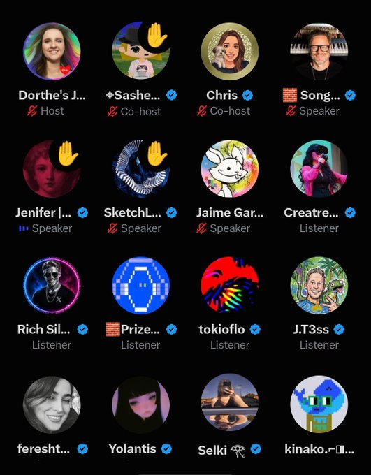 A screenshot of a social audio app's participant grid showing various user avatars, with roles like "Host", "Co-host", "Speaker", and "Listener" labeled under names including "Dorthe's J...", "Sashe...", "Chris", and "Song...".