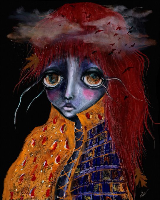 A whimsical digital painting of a large-eyed figure with pale skin, red hair, and a yellow textured garment against a black background, featuring birds and clouds within the hair.