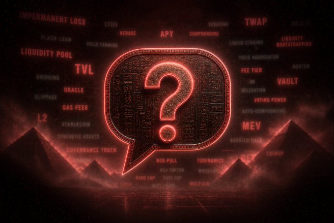 A digital art piece featuring a glowing red neon question mark inside a speech bubble, surrounded by various cryptocurrency and DeFi terms like 'LIQUIDITY POOL', 'YIELD FARMING', and 'VAULT'.